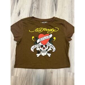 Ed Hardy Crop Top Shirt Womens Large Brown Y2K Love Kills Slowly Skull Heart